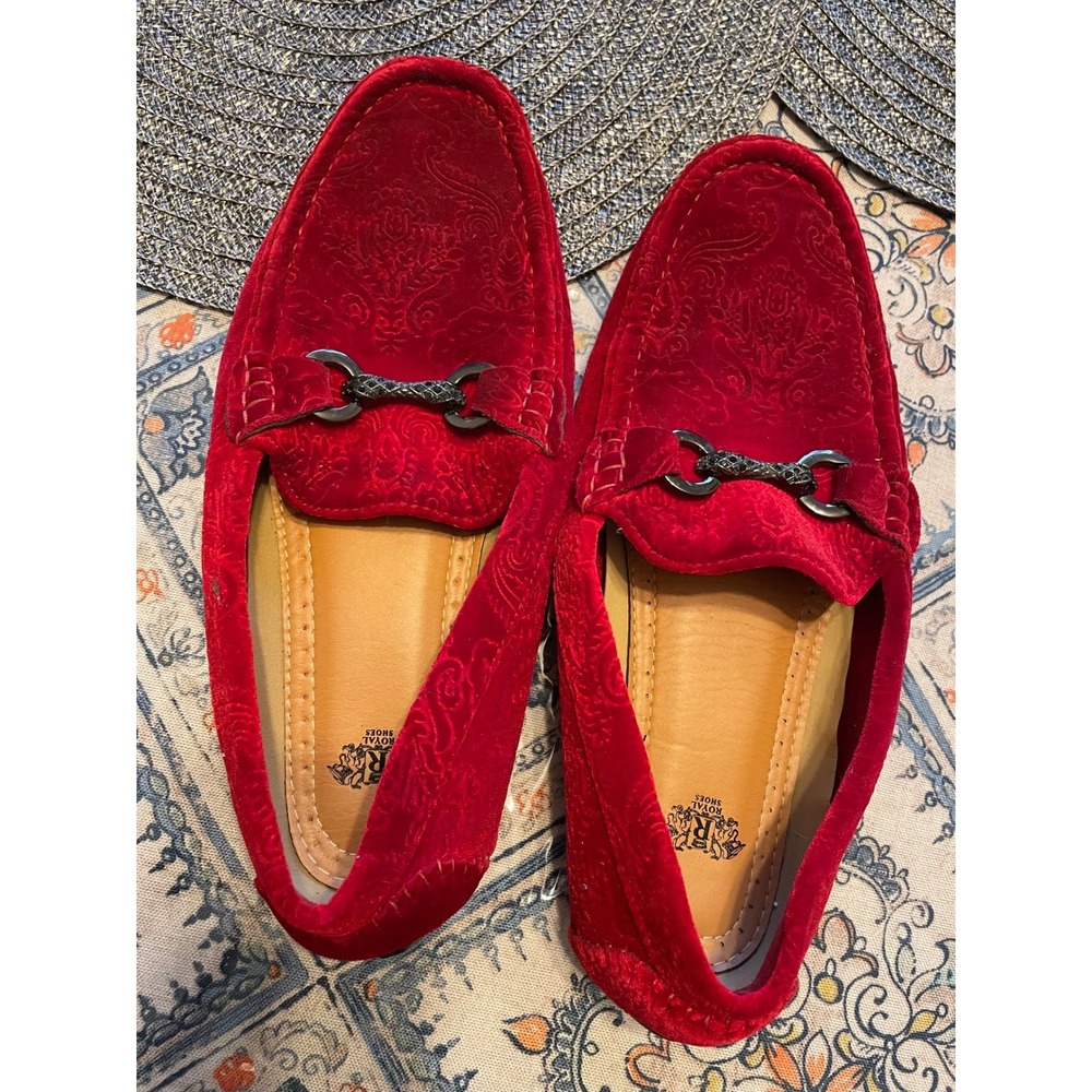 Royal Shoes Mens Red Velvet Paisley Embossed Bit Loafers MOC-107 Red Size 9.5